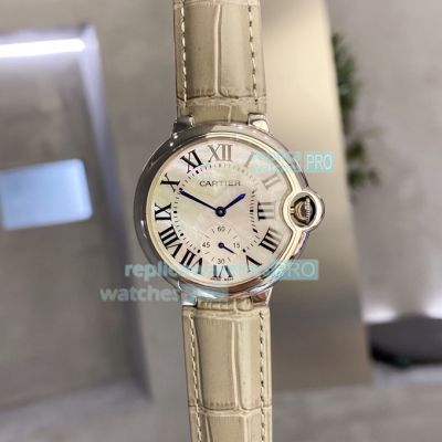 Copy Ballon Bleu De Cartier Women's Watch White Dial White Leather band Rounded Bezel 36mm